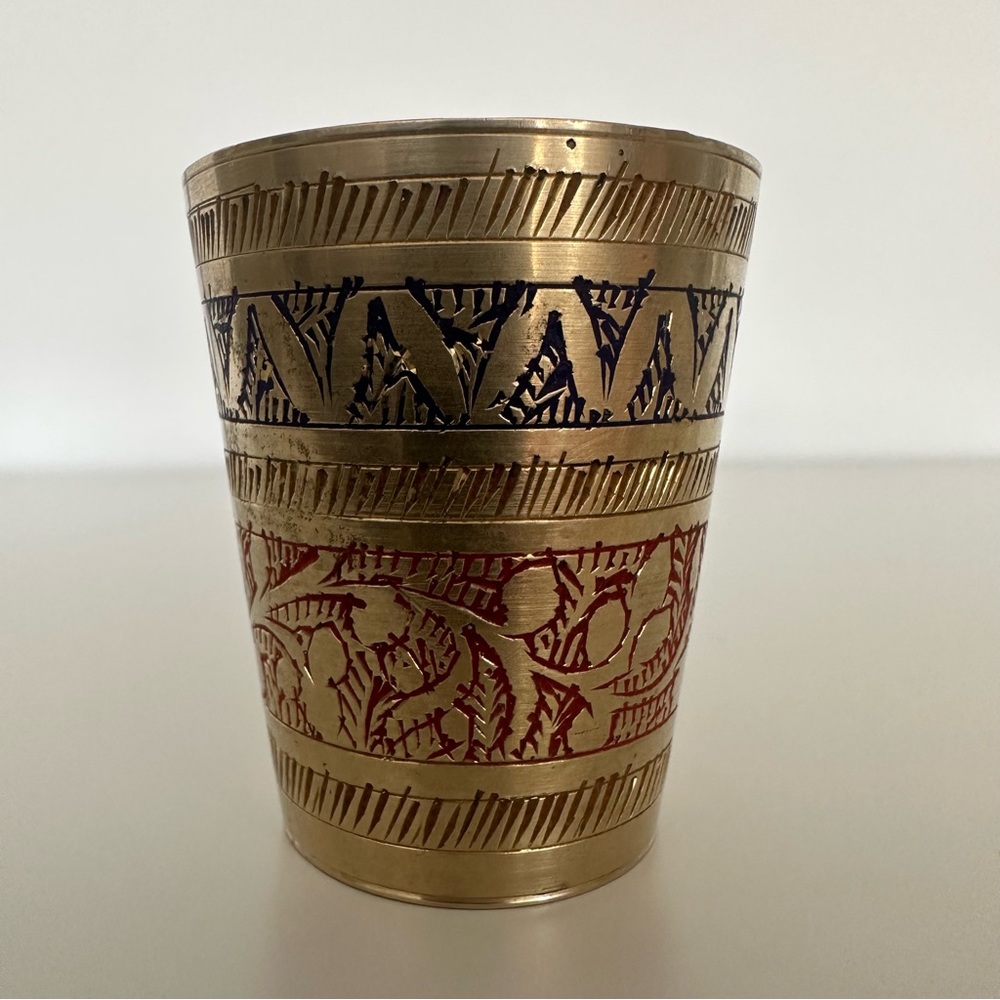 Anthropologie Vintage Brass Enamel Cup with Red and Navy Blue Etched Detailing